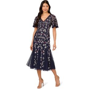 Adrianna Papell Women's Beaded Mesh Midi Dress