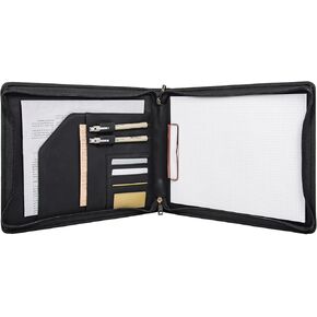 Calfinder Leather Portfolio Folder Padfolio,Pockets Letter Size A4 Writing Notepad,Office Gifts case Paperwork,Business Card Holder for Men&Women (Black)