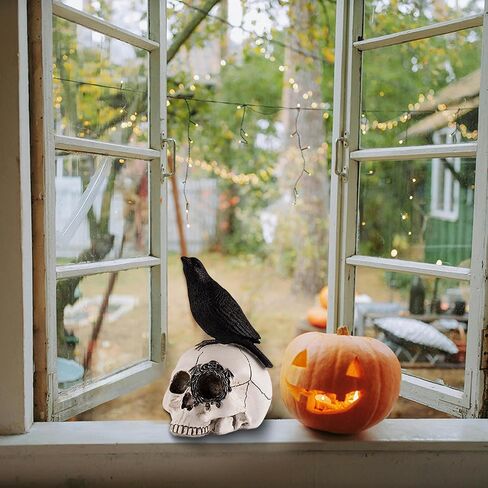 Raven On Skull Halloween Home Decor,Skull Statue,Skull Haunted House Prop Crow Decoration Halloween,Halloween Fun Decorations Horror Statues in Saudi Arabia