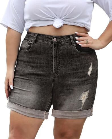 LALAGEN نساء حجم كبير شورتات جينز بسط عالية الخصر المتعثرة ممزق الدينيم السراويل العصرية الصيف Jorts in Kuwait