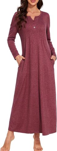 Marvmys Womens Cotton Long Sleeve Nightgowns Soft Ladies Sleep Shirts V Neck Full Length Night Shirts Sleepwear with Pockets in Saudi Arabia