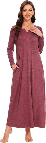 Marvmys Womens Cotton Long Sleeve Nightgowns Soft Ladies Sleep Shirts V Neck Full Length Night Shirts Sleepwear with Pockets in Saudi Arabia