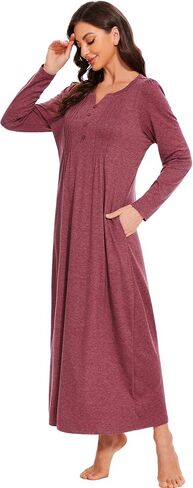 Marvmys Womens Cotton Long Sleeve Nightgowns Soft Ladies Sleep Shirts V Neck Full Length Night Shirts Sleepwear with Pockets in Saudi Arabia