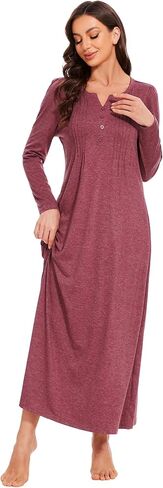 Marvmys Womens Cotton Long Sleeve Nightgowns Soft Ladies Sleep Shirts V Neck Full Length Night Shirts Sleepwear with Pockets in Saudi Arabia