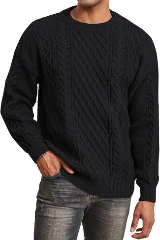 الرجال سترة متماسكة Crewneck فضفاضة تناسب عادية تويست منقوشة محكم كم طويل كابل بلوفر مغزول in Kuwait