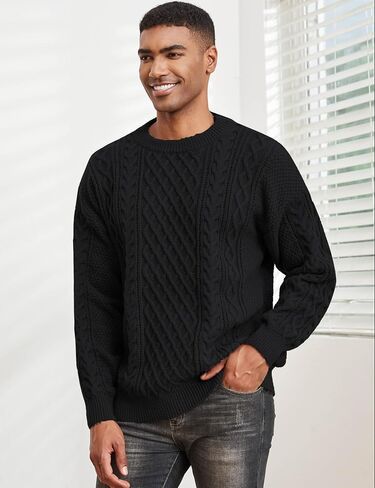 الرجال سترة متماسكة Crewneck فضفاضة تناسب عادية تويست منقوشة محكم كم طويل كابل بلوفر مغزول in Kuwait