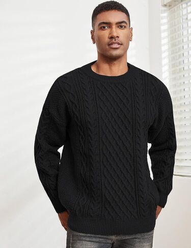 الرجال سترة متماسكة Crewneck فضفاضة تناسب عادية تويست منقوشة محكم كم طويل كابل بلوفر مغزول in Kuwait