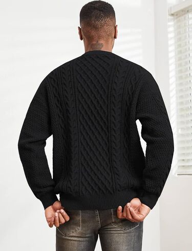 الرجال سترة متماسكة Crewneck فضفاضة تناسب عادية تويست منقوشة محكم كم طويل كابل بلوفر مغزول in Kuwait