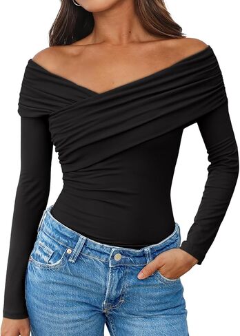 Trendy Queen Women Off The Shoulder Tops Going Out Long Sleeve Shirts Sexy Cute Y2K Basic Tee Clothes Fall Fashion in Saudi Arabia