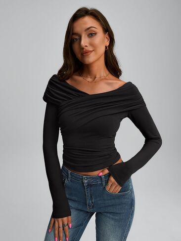 Trendy Queen Women Off The Shoulder Tops Going Out Long Sleeve Shirts Sexy Cute Y2K Basic Tee Clothes Fall Fashion in Saudi Arabia