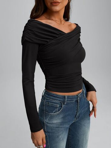 Trendy Queen Women Off The Shoulder Tops Going Out Long Sleeve Shirts Sexy Cute Y2K Basic Tee Clothes Fall Fashion in Saudi Arabia