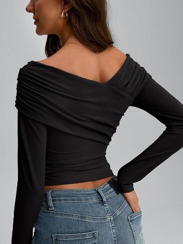 Trendy Queen Women Off The Shoulder Tops Going Out Long Sleeve Shirts Sexy Cute Y2K Basic Tee Clothes Fall Fashion in Saudi Arabia