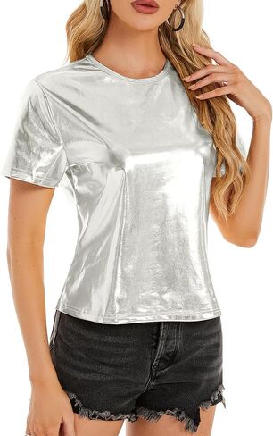 Metallic Tops for Women Short Sleeve Disco Shirt Women Shiny Multicolor Top Music Festival Outfit Women in Saudi Arabia