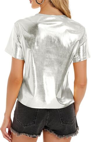 Metallic Tops for Women Short Sleeve Disco Shirt Women Shiny Multicolor Top Music Festival Outfit Women in Saudi Arabia