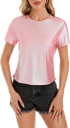 Metallic Tops for Women Short Sleeve Disco Shirt Women Shiny Multicolor Top Music Festival Outfit Women in Saudi Arabia