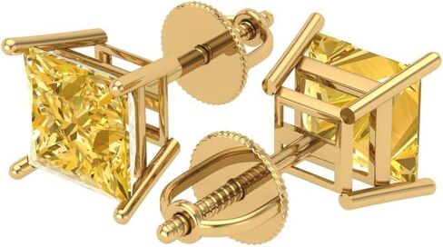 Clara Pucci 4.0 Carat Princess Cut ideal VVS1 conflict Free Solitaire Canary Yellow Designer Stud Earrings Solid 14k Yellow Gold Screw Back in Saudi Arabia