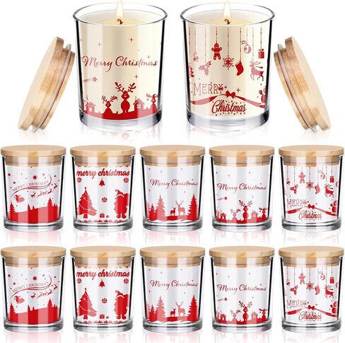 10 Pcs Christmas Glass Candle Jars Empty Containers Bulk 7 oz Glass Jars with Cork Lids Tins for Candle Making Storing Biscuits Tea Party Favors(Christmas) in Kuwait