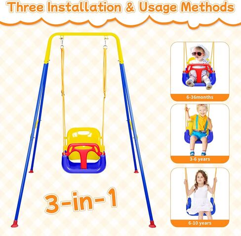 3-in-1 Toddler Swing Set, Baby Swing with Stand for Outdoor Indoor Play, Kids Swing Set for Backyard, Easy to Assemble and Store for Aged 6 Months to 10 Years Old in Kuwait