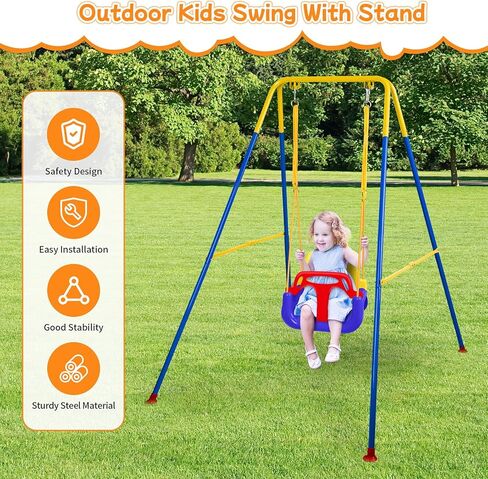 3-in-1 Toddler Swing Set, Baby Swing with Stand for Outdoor Indoor Play, Kids Swing Set for Backyard, Easy to Assemble and Store for Aged 6 Months to 10 Years Old in Kuwait