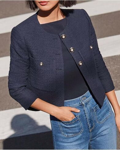 سترة LifeShe Tweed Blazer للنساء أنيقة مفتوحة من الأمام ومعاطف طويلة الأكمام للعمل المكتبي in Saudi Arabia