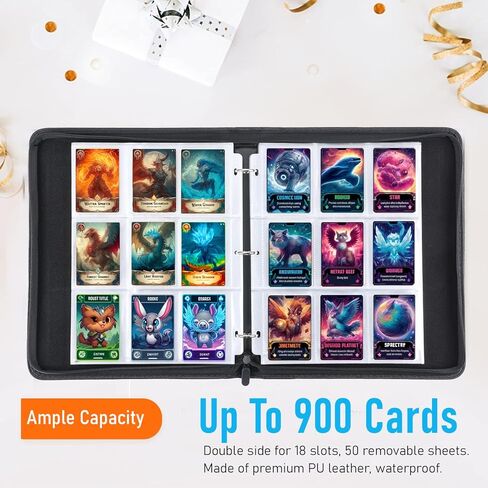 900 Pockets Trading Baseball Card Binder with Sleeves, 50 Removable Pages, 3 Ring Zipper Binder Collectable Card Book Album with Strap, Leather Sport Games Cards Folder, Card Collector Gifts in Kuwait