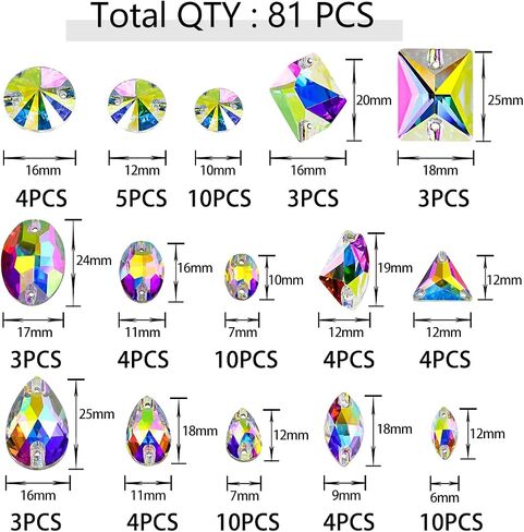 AB Sew On Rhinestone，Flatback Sew On Crystals with Holes Mix Shape Glass Rhinestones Crystal Gems Clothing Accessories for Costume, Clothes, Shoes, DIY Crafts in Saudi Arabia
