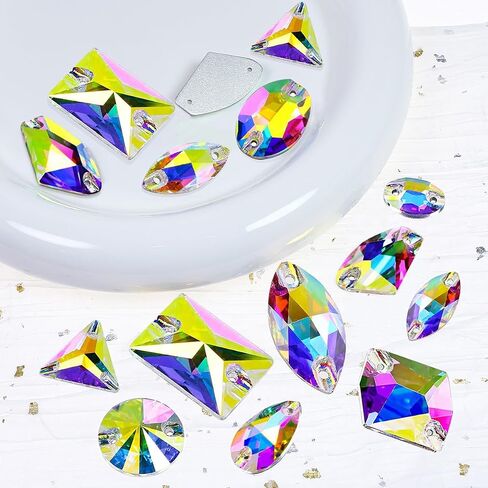 AB Sew On Rhinestone，Flatback Sew On Crystals with Holes Mix Shape Glass Rhinestones Crystal Gems Clothing Accessories for Costume, Clothes, Shoes, DIY Crafts in Saudi Arabia