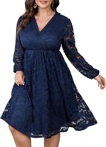 Womens Plus Size Lace Midi Dress V Neck Wrap Long Sleeve Flowy A line Cocktail Dresses for Wedding Guest in Kuwait