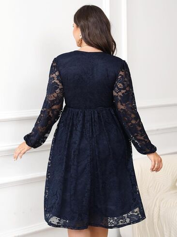 Womens Plus Size Lace Midi Dress V Neck Wrap Long Sleeve Flowy A line Cocktail Dresses for Wedding Guest in Kuwait