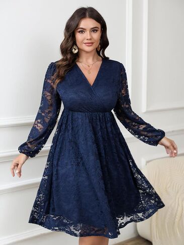 Womens Plus Size Lace Midi Dress V Neck Wrap Long Sleeve Flowy A line Cocktail Dresses for Wedding Guest in Kuwait