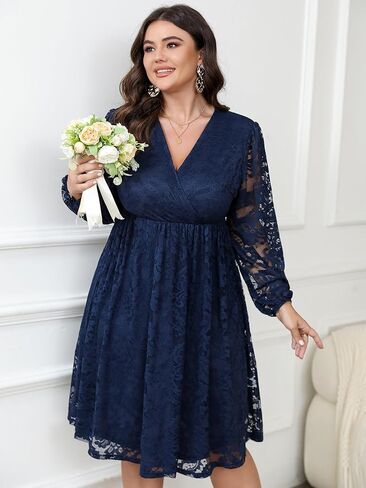 Womens Plus Size Lace Midi Dress V Neck Wrap Long Sleeve Flowy A line Cocktail Dresses for Wedding Guest in Kuwait