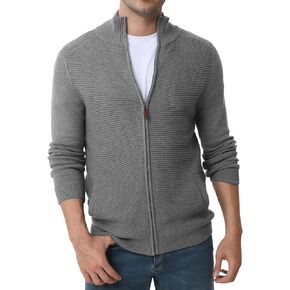 Les umes Men's Knitted Full Zip Sweater Cardigan Front Stand Collar Knitwear with Pockets
