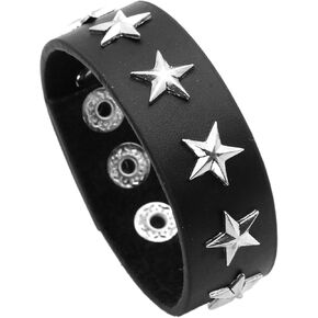 VJOSA Punk Rock Vintage Alloy Star Studded Pu Leather Cuff Bracelet