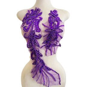Pure Handmade Beaded Crystal Patches Bodice Lace DIY Applique Patches Accessory for Dress Clothes 2PCS/Set 24.4X5.9inches (Black)