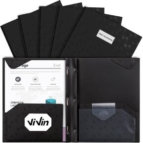 ViVin Plastic Folders with Pockets, 6 Pack Sturdy 3 Prong Folders with Labels and Interior Pocket, 2 Pocket Poly Folders, Letter Size, Portfolio for School, Office, and Home (Black)