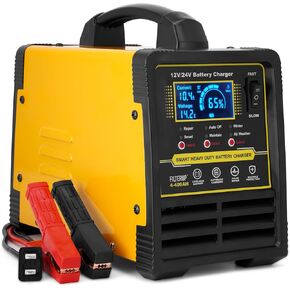 12V 24V Lead-Acid Battery Charger Heavy Duty, 0-15A Smart Automatic Battery Maintainer, Trickle Charger with Repair, Auto Off, Winter Summer Mode, for Car Truck Boat Motorcycle RV Lawn Mower (Yellow)