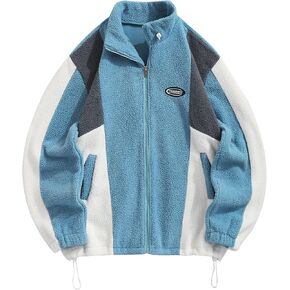 ZAFUL Men's Casual Colorblock Fleece Fluffy Zip Up Stand Collar Pocket Toggle Drawstring Applique Design Jacket