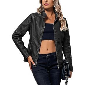 Bellivera Faux Leather Jacket Women Motorcycle Zipper Bomber PU Bike Coat with Pockets