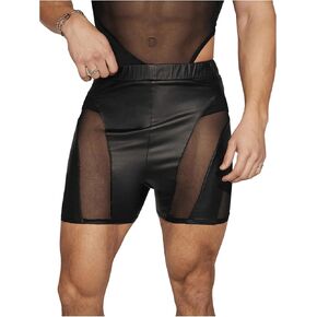 GORGLITTER Men's PU Leather Shorts Sheer Mesh Elastic Waist Rave Hot Short Pants