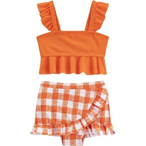 LIZENS Girls Two Piece Plaid Ruffle Trim 2-12Years Swimsuit Beach Bathing Suit for Kids