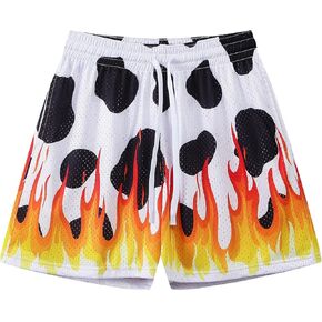 Mens Flame Graphic Shorts Workouts Cool Basketball Shorts Casual Streetwear with Drawstring