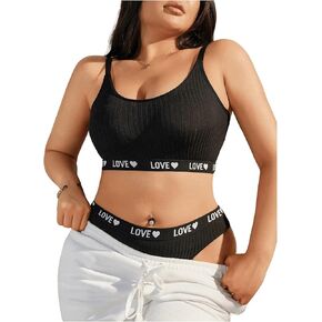 SOLY HUX Women's Plus Size Lingerie Set Bra and Panty Letter Heart Print Underwear Sets