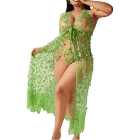 OYOANGLE Women's Plus Size 2 Piece Lingerie Set Butterfly Robes Mesh Sheer See Through Chemise and Thong