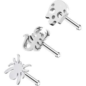 VERAMI 20G 3 pcs 316L Nose Ring Studs Surgical Stainless Steel Skull Nose Rings Spider and Scorpion Nose Studs Straight Bar Body Piercing Jewelry for Women Men