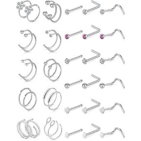 20G Nose Rings 316L Stainless Steel Hoop L Shape Nose Studs Nose Screw Bone Silver Pack for Women Men 38Pcs