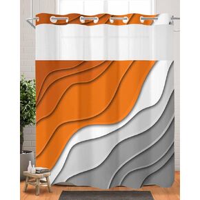 No Hook Abstract Ombre Shower Curtain with Snap in Liner, Orange White Gray Striped Shower Curtain for Bathroom Waterproof Modern Art Bath Curtain with See Through Mesh Top Window, 72" x 72"