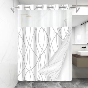 No Hook Grey White Striped Shower Curtain with Snap in Fabric Liner Set - Hotel Liner Set with See Through Mesh Top Window,Machine Washable, 71x74 INCH