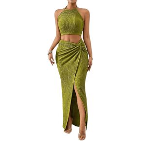 Women's 2 Pieces Outfit Textured Halter Crop Top and Twist Front Split Thigh Maxi Skirt Set