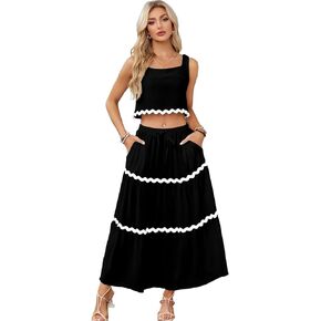 Womens Two Piece Outfits Summer- 2 Piece Maxi Skirt Sets Tank Top and High Waisted Long Skirts for Party Dresses