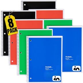 1InTheOffice Spiral Notebook Wide Ruled 8 x 11, 1-Subject College Ruled Notebooks, Wirebound Spiral Notebooks, Assorted Colors, 70 Sheets, (8 Pack)